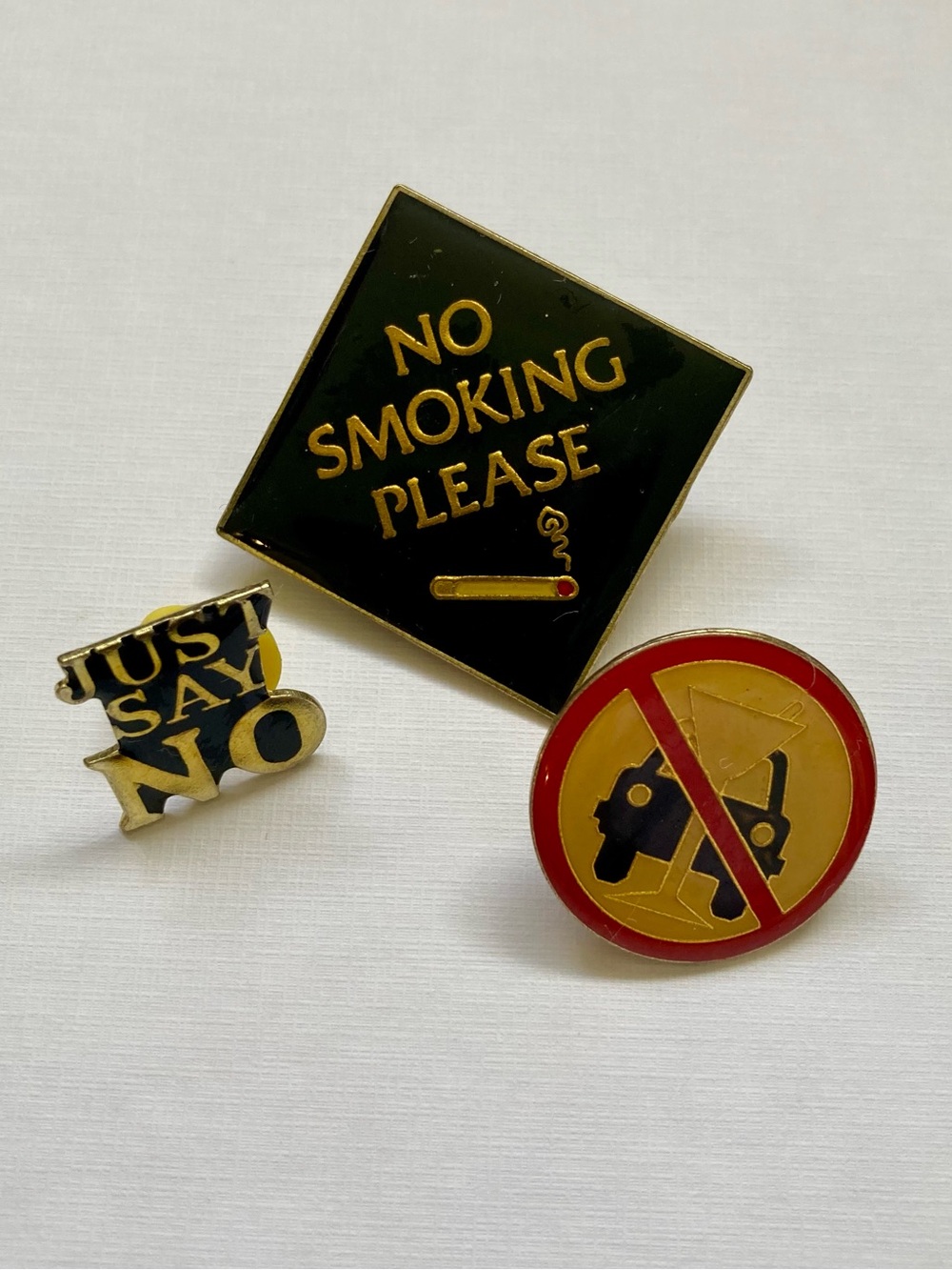 Vintage No Smoking & Just Say No Enamel Pin Trio - Black, Gold, Red